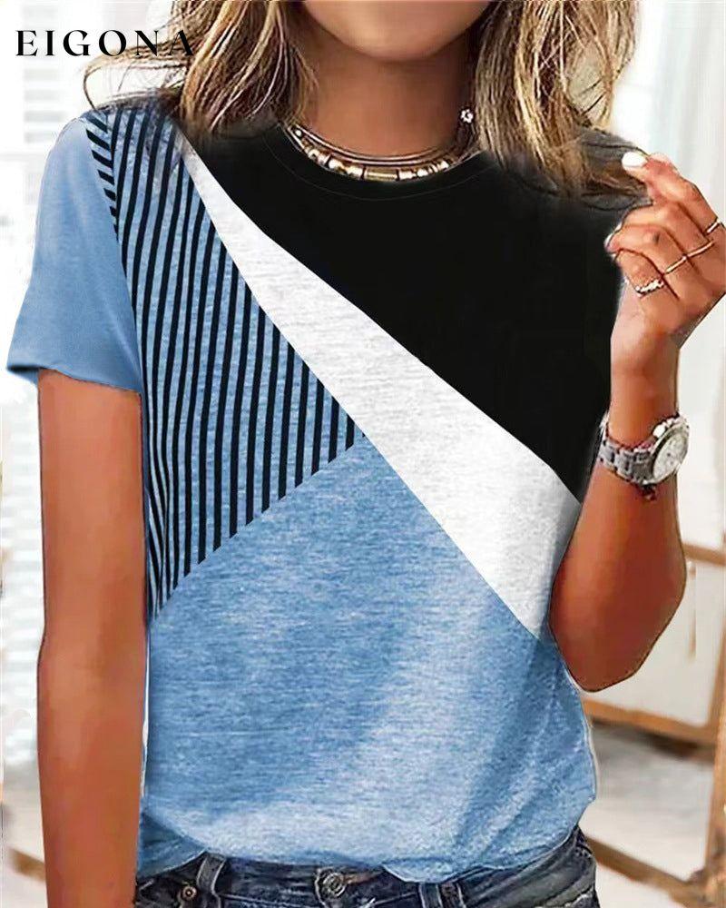 Color block striped T-shirt Blue 23BF clothes Short Sleeve Tops Spring Summer T-shirts Tops/Blouses