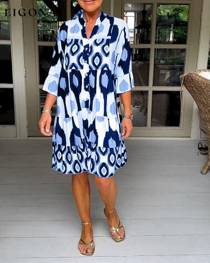 Printed 3/4 Sleeve Dress Blue 23BF Casual Dresses Clothes discount Dresses Spring Summer