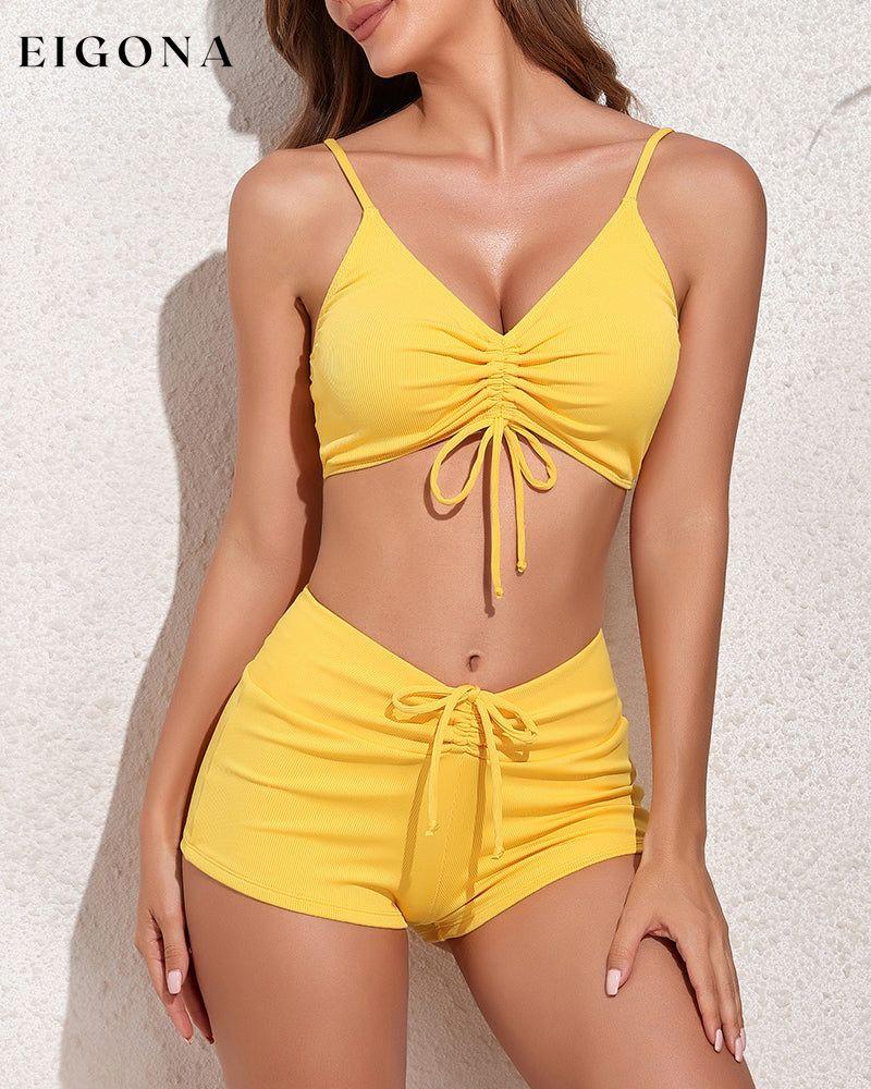 Strap High Waist Solid Color Bikinis Yellow 23BF Bikinis Clothes Summer Swimwear