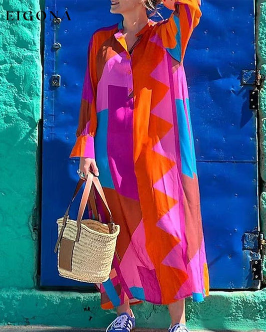 Color block panel long sleeve shirt dress Fuchsia 23BF Casual Dresses Clothes Dresses Spring Summer