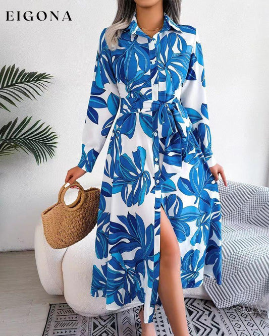 Contrasting floral print lapel shirt dress Blue 23BF Casual Dresses Clothes Dresses Spring Summer