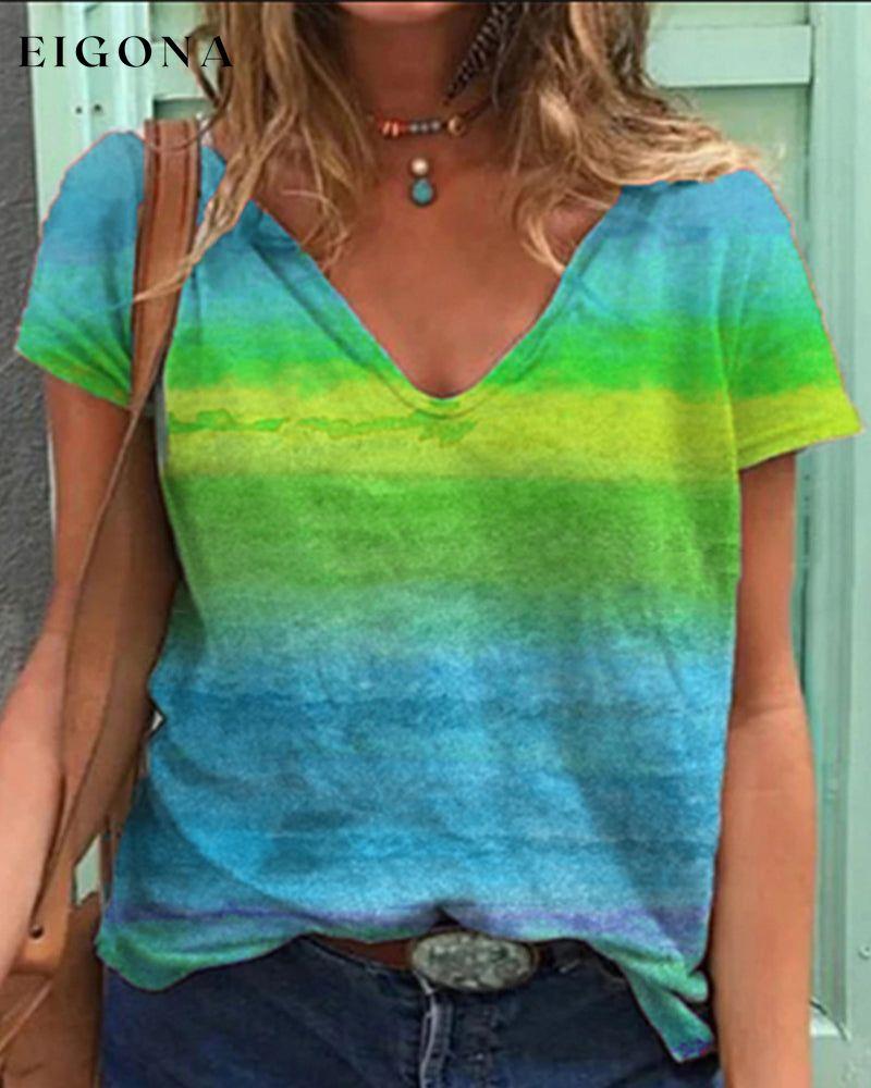 Casual v-neck rainbow print short-sleeved t-shirt Sky blue 23BF clothes Short Sleeve Tops Summer T-shirts Tops/Blouses