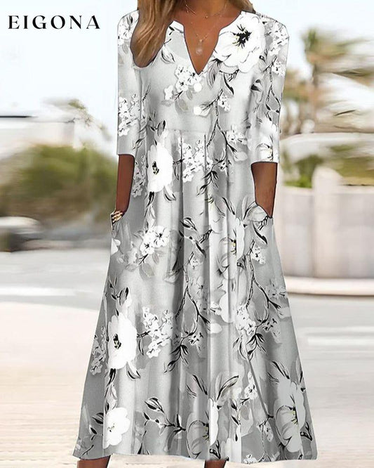 V-neck floral print pocket dress Gray 23BF Casual Dresses Clothes Dresses Spring Summer