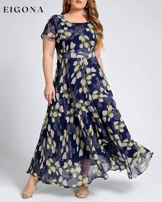 Floral print short sleeve a line dress Dark blue 23BF Casual Dresses Clothes Dresses Summer