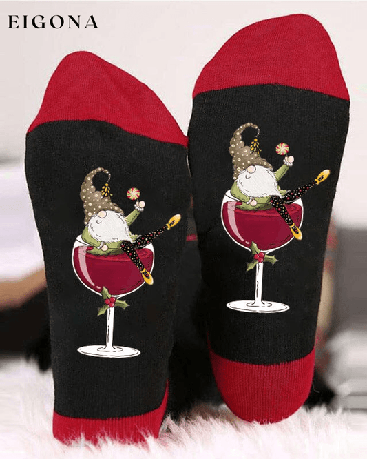 🧦Christmas gnome wine glass unisex crew socks🧦 BLACK RED 23BF ACCESSORIES Christmas Clothes