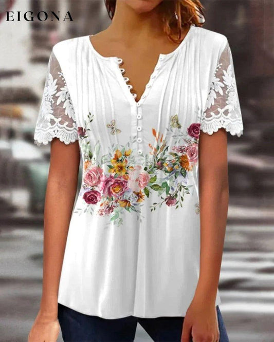 Floral Print Lace T-shirt with Short Sleeves White 23BF clothes Short Sleeve Tops Spring Summer T-shirts Tops/Blouses