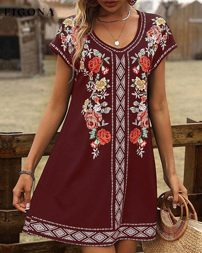 Printed Short sleeve casual dress Burgundy 23BF Casual Dresses Clothes Dresses Summer