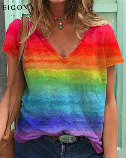 Casual v-neck rainbow print short-sleeved t-shirt Red 23BF clothes Short Sleeve Tops Summer T-shirts Tops/Blouses