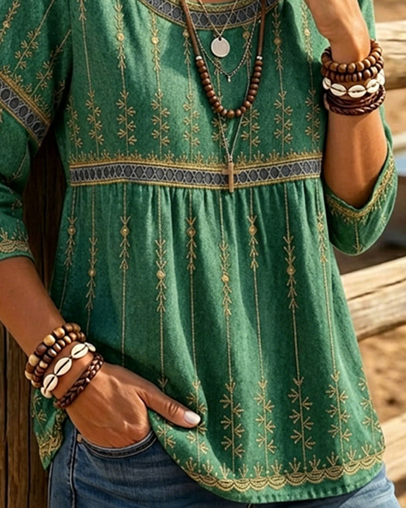 Round Neck 3/4 Sleeve Retro Blouse