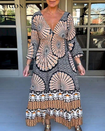 Print Flare Sleeve Maxi dress 23BF Casual Dresses Clothes Dresses Spring Summer