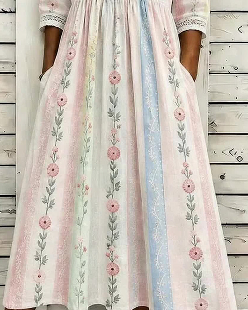 Floral Stripe Color-Block A-Line Dress