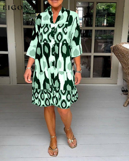 Printed 3/4 Sleeve Dress Green 23BF Casual Dresses Clothes discount Dresses Spring Summer