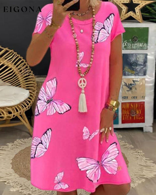 Short sleeve Dress with Butterfly Print Pink 23BF Casual Dresses Clothes discount Dresses SALE Spring Summer