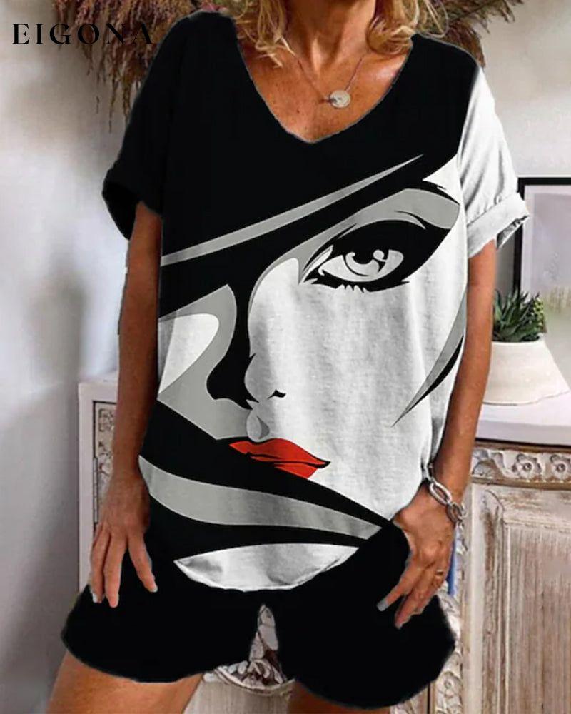 Short Sleeve Set in Figure Print 23BF clothes Short Sleeve Tops T-shirts Tops/Blouses Two-piece sets