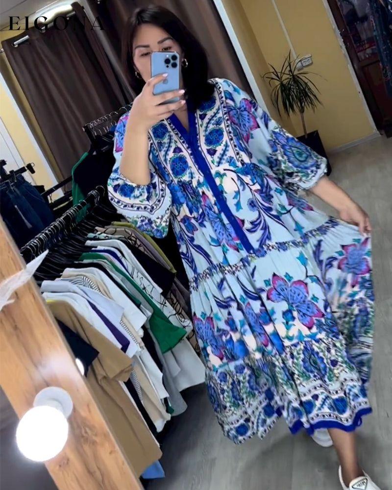 Printed 3/4 sleeve v-neck fashion dress Blue 23BF Casual Dresses Clothes Dresses Spring Summer