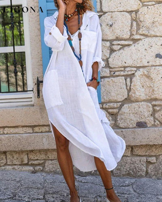 Solid color long sleeve shirt dress White 23BF Casual Dresses Clothes Cotton and Linen Dresses Spring Summer