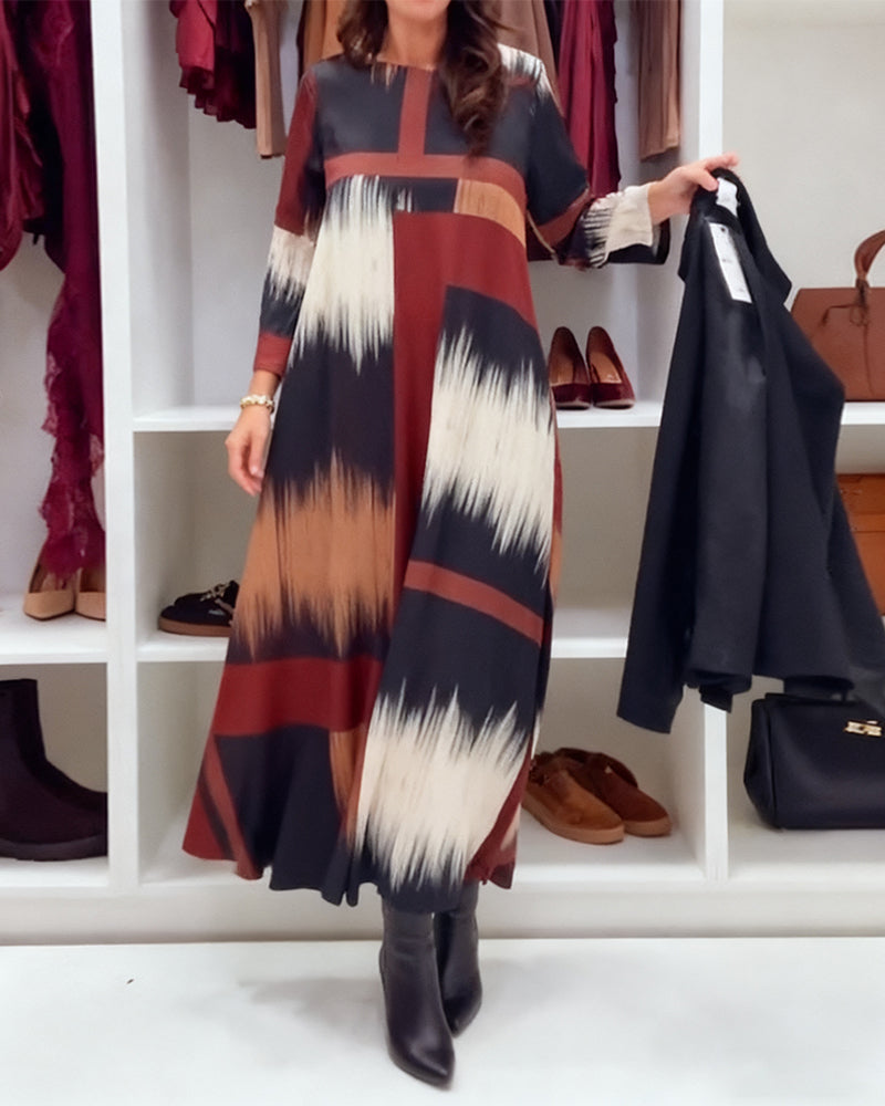 Fashion Printed Round Neck Long Sleeve Dress