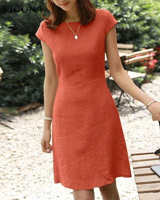 Cotton and linen solid color short-sleeved dress Orange 23BF Casual Dresses Clothes Cotton and Linen Dresses Summer