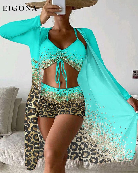 Leopard Ombre Print Swimsuit Three-Piece Set Green 23BF Bikinis Clothes Cover-Ups discount Summer Swimwear