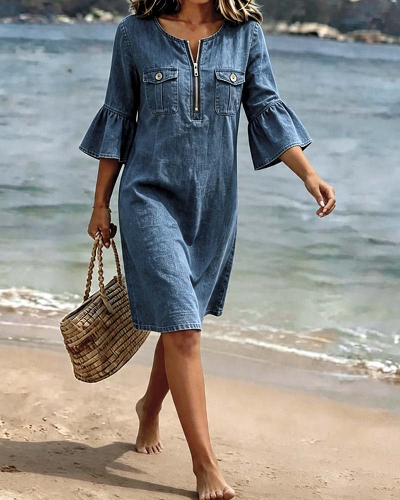 Zipper Bell Sleeve Dress