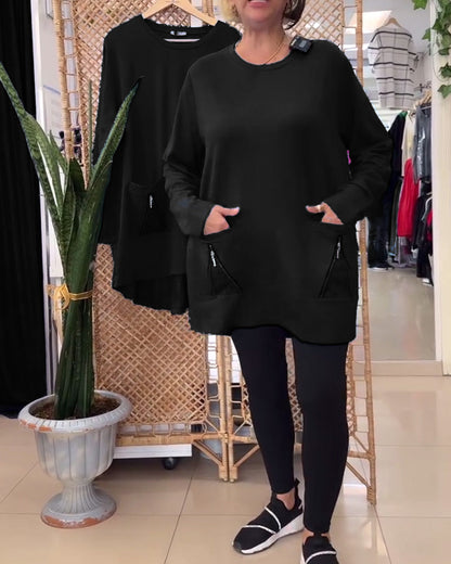 Felpa con scollo tondo e tasca con cerniera tinta unita