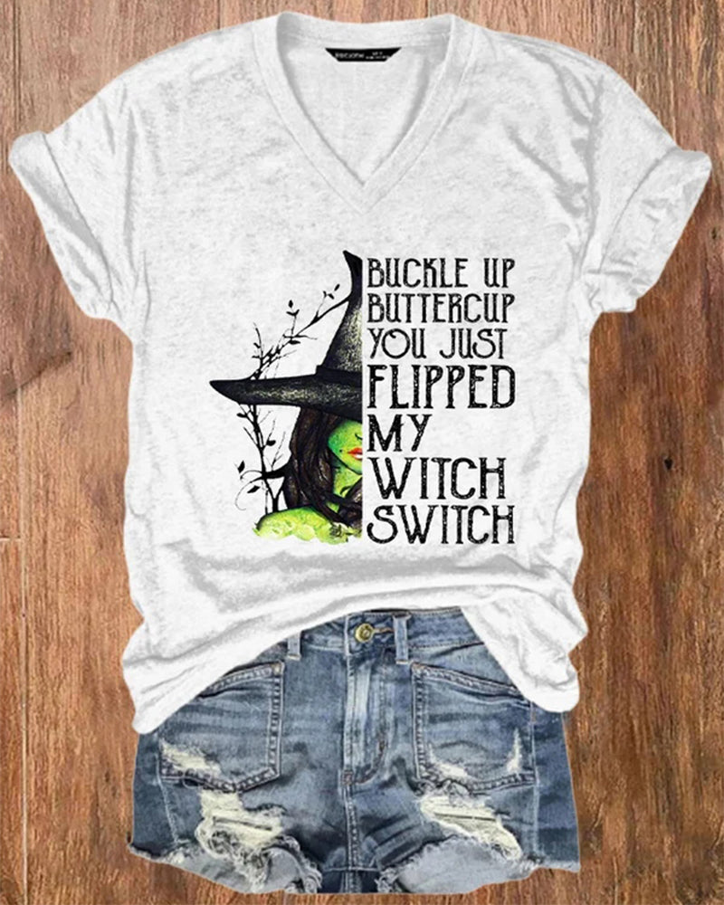 Women's Halloween Buckle Up Buttercup You Just Flipped My Witch Switch Casual Tee halloween t-shirts