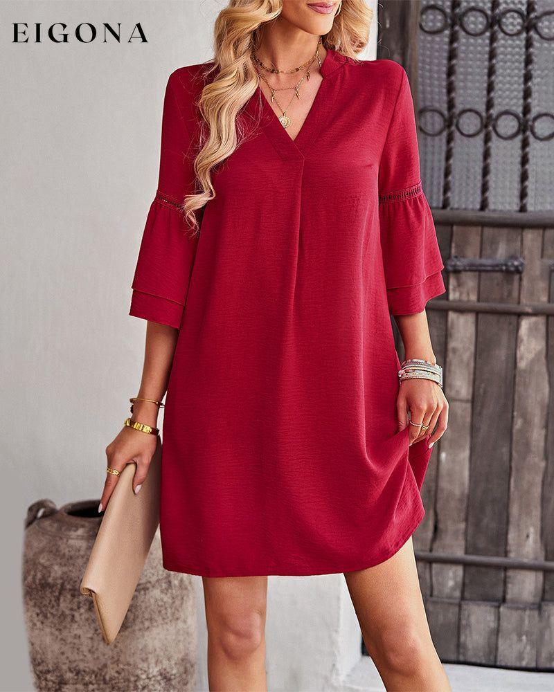 V-neck ruffle sleeve solid color dress Burgundy 23BF Casual Dresses Clothes Dresses Spring Summer