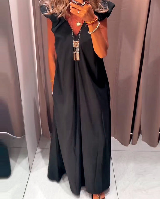 V-Neck Flutter Sleeve Long Dress