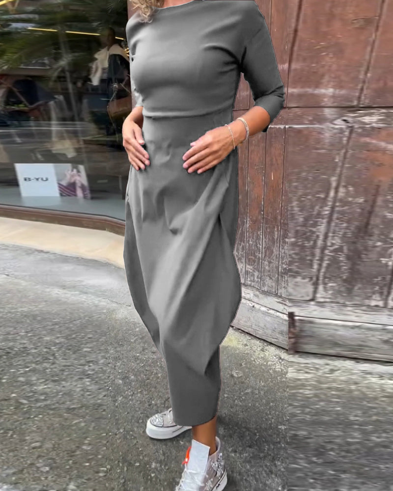 Abito elegante semplice a maniche lunghe con tasca in tinta unita