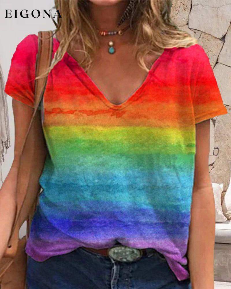 Casual v-neck rainbow print short-sleeved t-shirt 23BF clothes Short Sleeve Tops Summer T-shirts Tops/Blouses