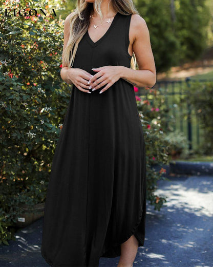 Casual Solid Color Midi Dress Black 23BF Casual Dresses Clothes Dresses Summer