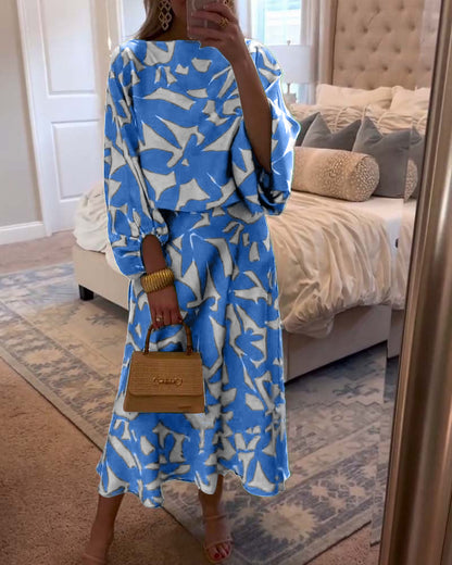 Temperament Printed Lantern Sleeves Casual Dress Set