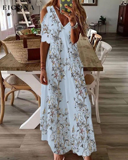 Floral Print Dress with Short Lace Sleeves Blue 23BF Casual Dresses Clothes Dresses Spring Summer Vacation Dresses