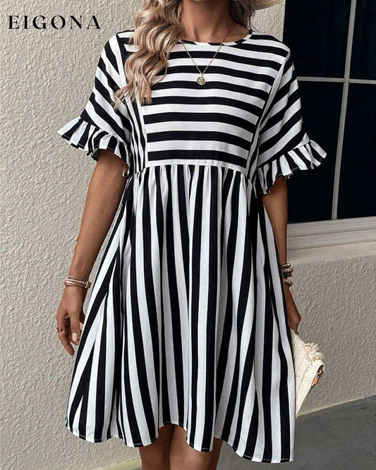 Round Neck Striped Print A-Line Dress Black 23BF Casual Dresses Clothes Dresses Spring Summer