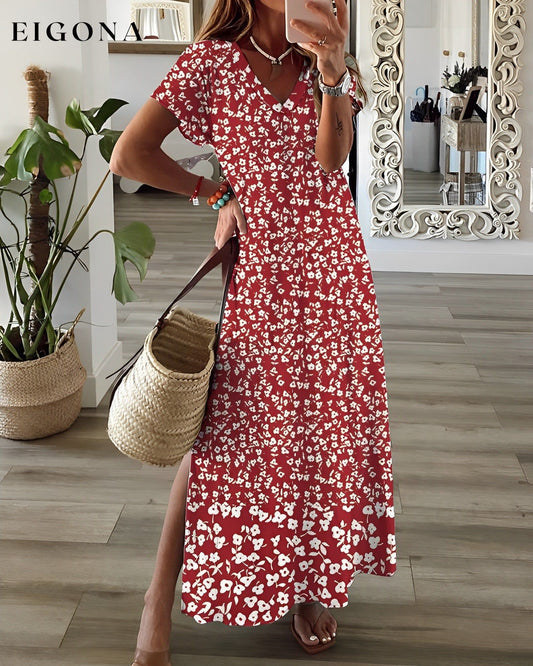 Floral print v-neck side slit dress Red 23BF Casual Dresses Clothes Dresses Spring Summer Vacation Dresses