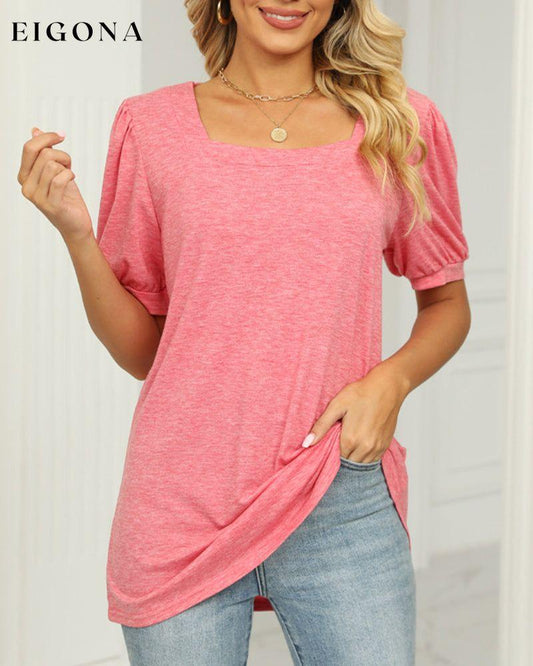 Square Neck T-shirt with Puff Sleeves Pink 23BF clothes Short Sleeve Tops Summer T-shirts Tops/Blouses