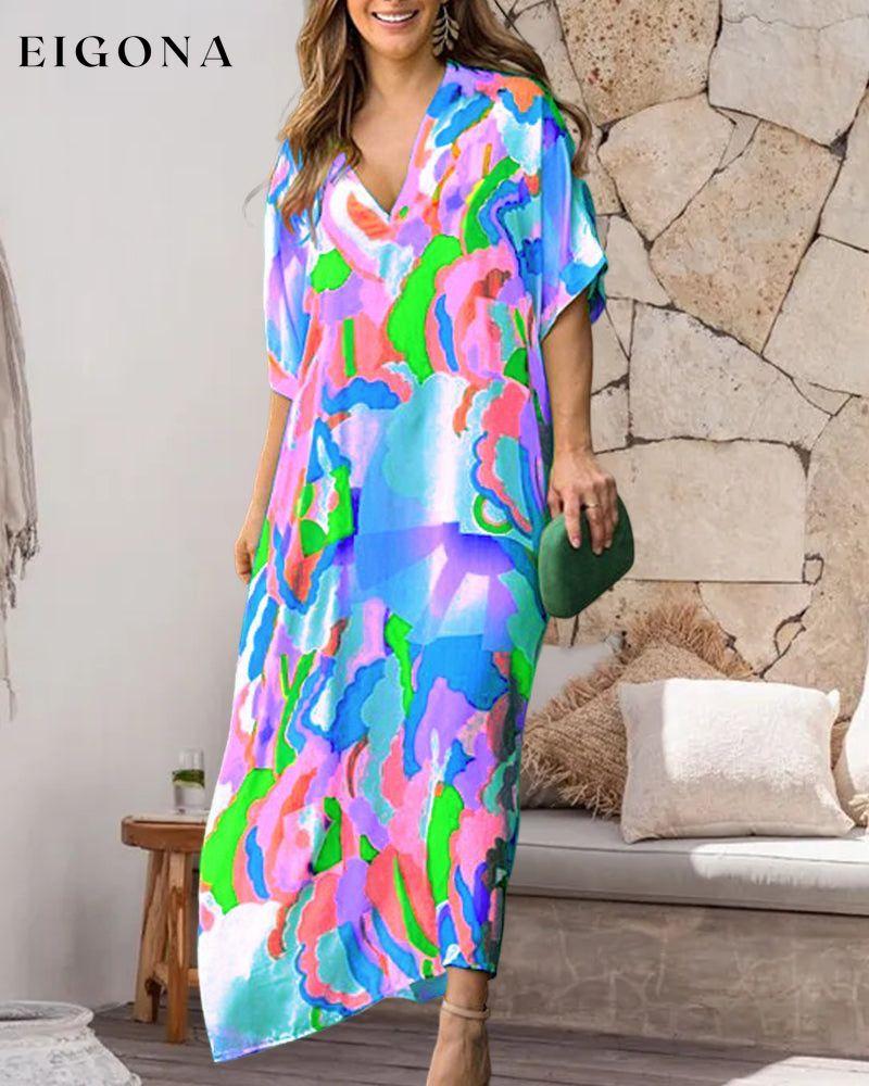 Eyecatching V Neck Color Block Print Dress 23BF Casual Dresses Clothes Dresses Spring Summer