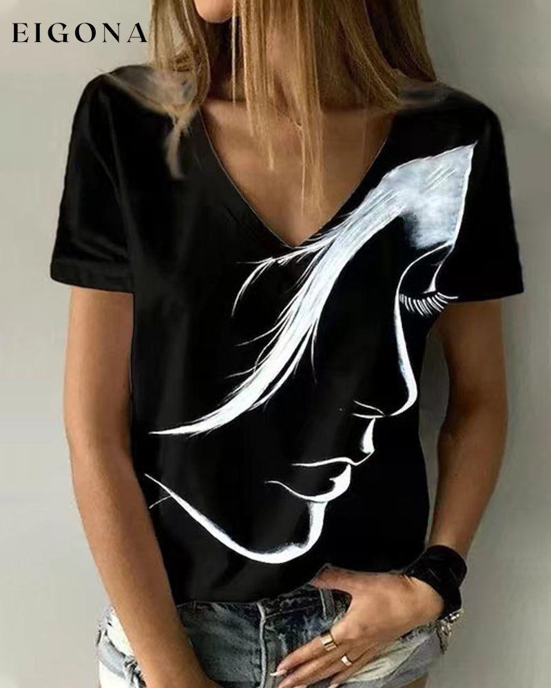 V neck T-shirt with Figure Print White 23BF clothes Short Sleeve Tops T-shirts Tops/Blouses