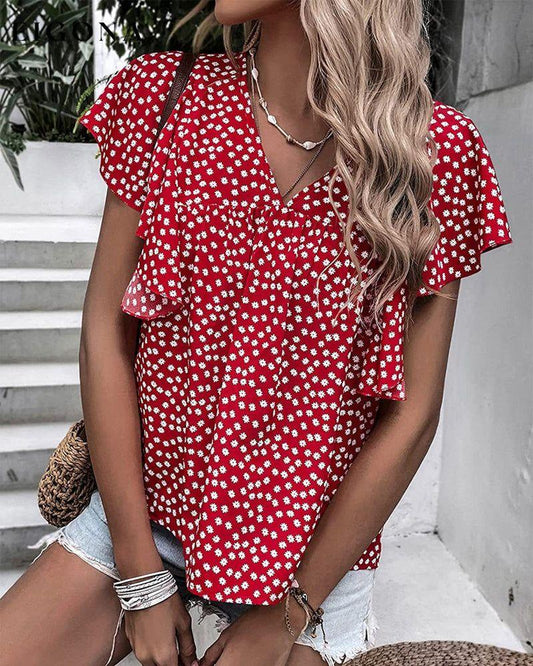 Floral Print T-shirt with Ruffle Sleeves Red 23BF clothes Short Sleeve Tops Spring Summer T-shirts Tops/Blouses