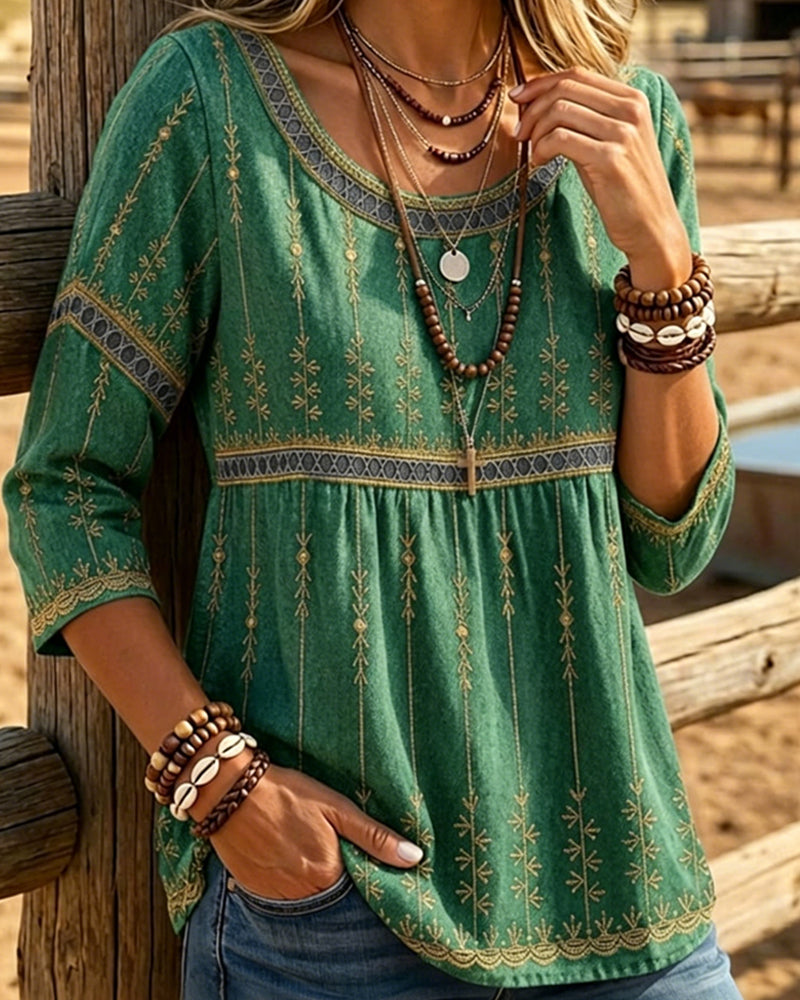 Round Neck 3/4 Sleeve Retro Blouse