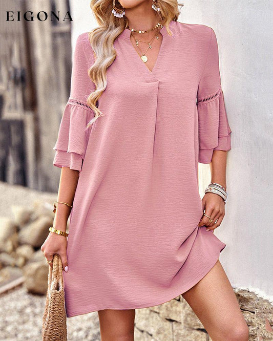 V-neck ruffle sleeve solid color dress Pink 23BF Casual Dresses Clothes Dresses Spring Summer
