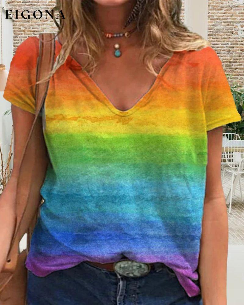 Casual v-neck rainbow print short-sleeved t-shirt 23BF clothes Short Sleeve Tops Summer T-shirts Tops/Blouses