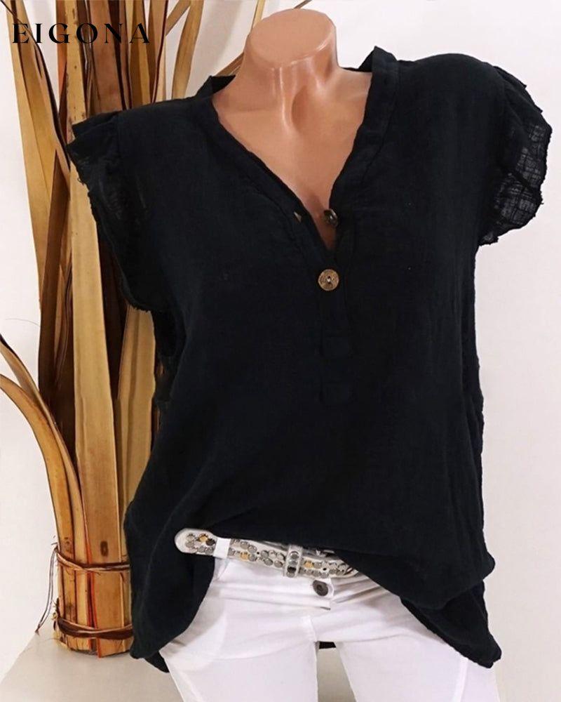 Solid v neck top Black 23BF clothes Cotton and Linen Short Sleeve Tops summer t-shirts Tops/Blouses