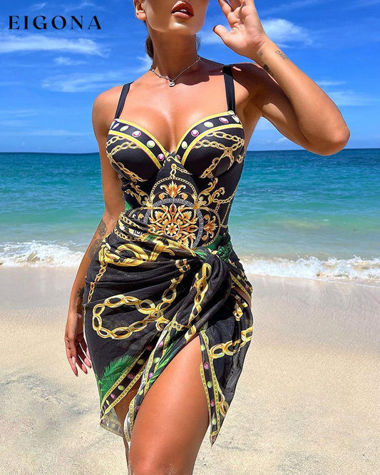 Chain Print Push Up One Piece Swimsuit With Beach Skirt Black 23BF Clothes Cover-Ups One-Piece SALE Summer Swimwear