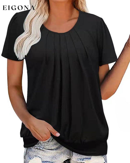 Round neck plain pleated short sleeve t-shirt Black 23BF clothes Short Sleeve Tops Summer T-shirts Tops/Blouses