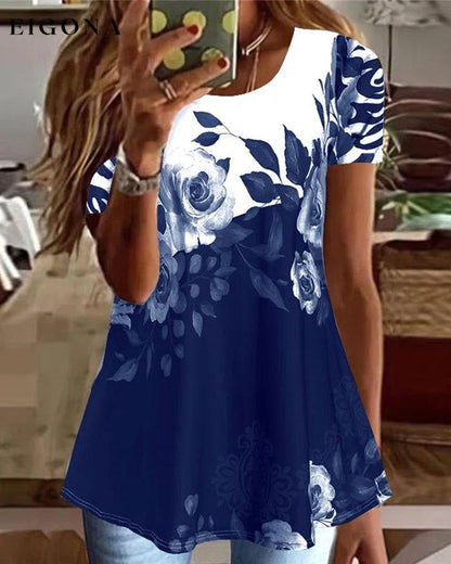 Floral print short sleeve crewneck t-shirt Blue 23BF clothes Short Sleeve Tops Spring Summer T-shirts Tops/Blouses