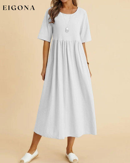 Solid color half sleeve midi dress White 23BF Casual Dresses Clothes Cotton and Linen Dresses Spring Summer