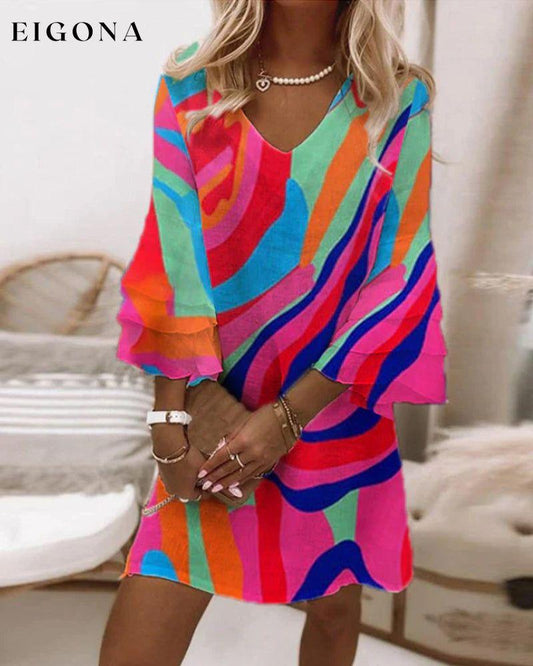 Bell Sleeve Multicolor Print Dress Fuchsia 23BF Casual Dresses Clothes Dresses Spring Summer