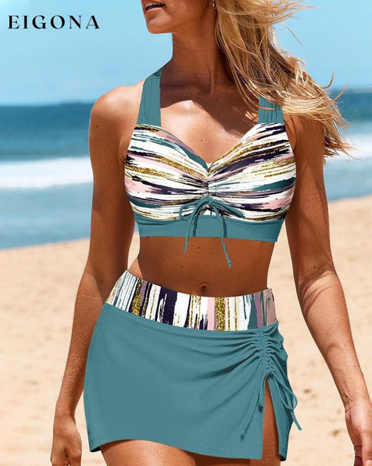 High Waist Stripe Print Bikinis Green 23BF Bikinis Clothes SALE Summer Swimwear
