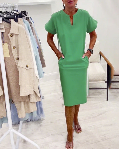 Short-Sleeved Contrast Color Straight Dress